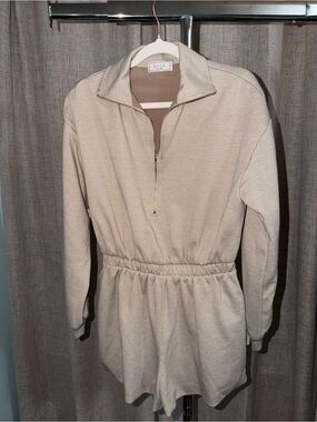 Sage Cream Waffle-Knit Half-Zip Long-Sleeve Romper